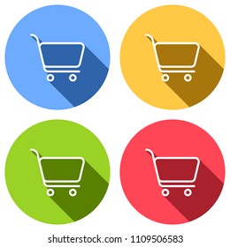 shopping cart icon. Simple linear icon with thin outline. Set of white icons with long shadow on blue, orange, green and red colored circles. Sticker style