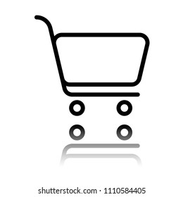 shopping cart icon. Simple linear icon with thin outline. Black icon with mirror reflection on white background