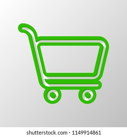 shopping cart icon. Simple linear icon with thin outline. Paper style. Cut symbol with green bold contour on shape and simple shadow