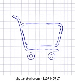 shopping cart icon. Simple linear icon with thin outline. Hand drawn picture on paper sheet. Blue ink, outline sketch style. Doodle on checkered background