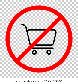 shopping cart icon. Simple linear icon with thin outline. Not allowed, black object in red warning sign with transparent background