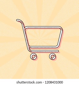 shopping cart icon. Simple linear icon with thin outline. Vintage retro typography with offset printing effect. Dots poster with comics pop art background