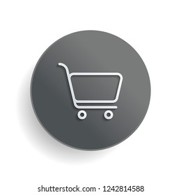 shopping cart icon. Simple linear icon with thin outline. White paper symbol on gray round button or badge with shadow