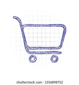 Shopping cart icon. Simple linear icon with thin outline. Hand drawn sketched picture with scribble fill. Blue ink. Doodle on white background