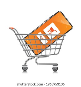 shopping cart icon and smartphone in shopping cart on white background,vector 3d isolated,shopping online concept