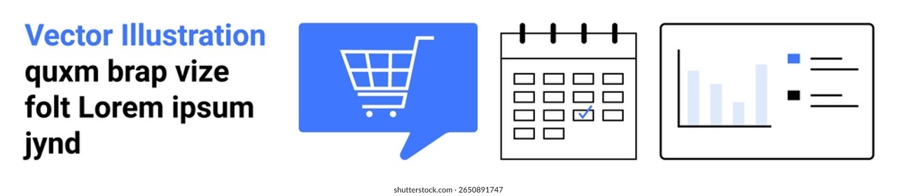 Ícone do carrinho de compras em balão de fala, calendário e gráfico analítico para planejamento de trio de negócios via e-commerce, agendamento e análise de dados. Ideal para e-commerce, planejamento de negócios, análise