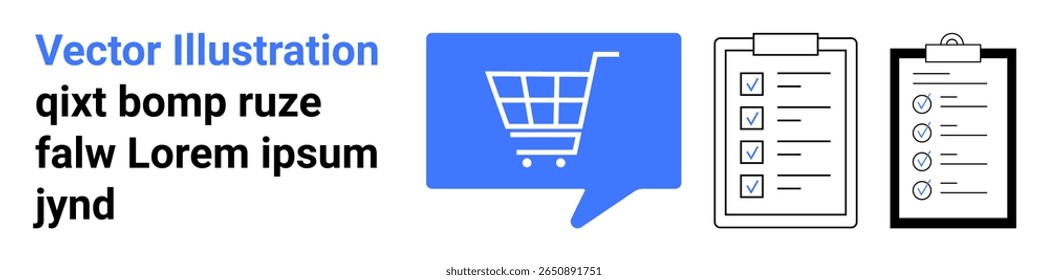 Ícone do carrinho de compras em balão de fala, duas listas de verificação, elementos de texto em azul e preto. Ideal para comércio eletrônico, compras on-line, marketing digital, feedback de clientes, gerenciamento de varejo, inventário