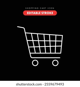 Shopping cart icon and symbol design with editable stroke on a black background