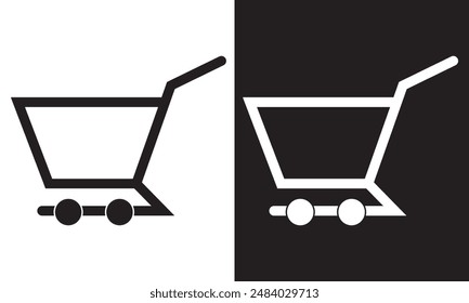 Shopping cart icon symbol. Flat shape trolley web store button. Online shop logo sign. Black silhouette isolated on white and black background.  Vector illustration. EPS 10