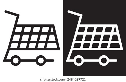 Shopping cart icon symbol. Flat shape trolley web store button. Online shop logo sign. Black silhouette isolated on white and black background.  Vector illustration. EPS 10