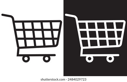 Shopping cart icon symbol. Flat shape trolley web store button. Online shop logo sign. Black silhouette isolated on white and black background.  Vector illustration. EPS 10