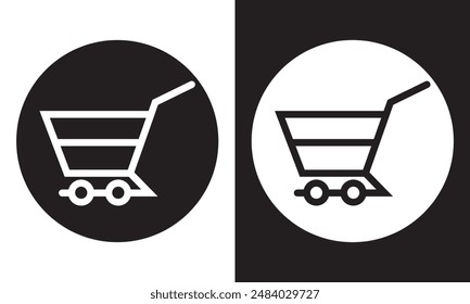 Shopping cart icon symbol. Flat shape trolley web store button. Online shop logo sign. Black silhouette isolated on white and black background.  Vector illustration. EPS 10