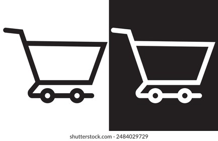 Shopping cart icon symbol. Flat shape trolley web store button. Online shop logo sign. Black silhouette isolated on white and black background.  Vector illustration. EPS 10