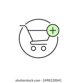 Shopping cart icon. Symbol of online shop feature. Illustration of shopping cart with green add symbol. Graphic source of guidance label for customer on virtual transaction.