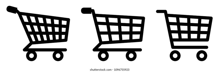 Shopping cart icon. Symbol used to add items to basket in eshop. Three versions, complex to more simple.
