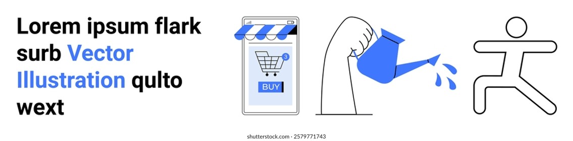 A shopping cart icon symbolizes e-commerce, a watering can represents growth, and a figure signifies progress. Ideal for business, e-commerce, digital marketing, growth, startups. Banner for landing