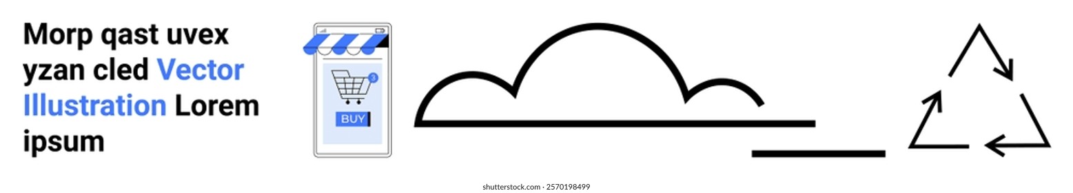 Shopping cart icon with text next to simple graphics of clouds and a recycling symbol. Ideal for e-commerce, environment, sustainability, simplicity-themed banners, and ecological projects. Banner