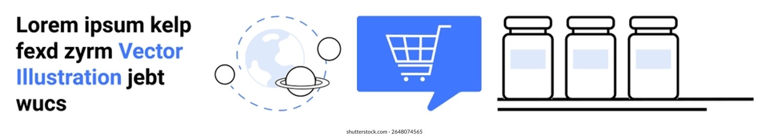 Icono de Carrito de compras, tres frascos en los estantes y planeta con Elementos en órbita en escala de grises y colores azules. Ideal para Sitios web de comercio electrónico, mercados digitales, tiendas en línea, catálogos de productos,