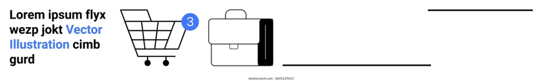 Shopping cart icon with three notifications, sleek briefcase symbol, placeholder text. Ideal for e-commerce, business, notifications, shopping, digital design, minimalism, modern web. Landing page