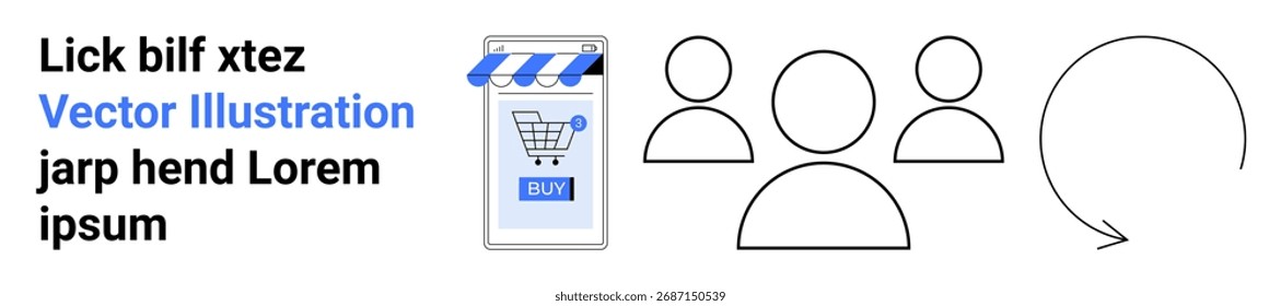 Shopping cart icon, three user profile icons, and circular refresh arrow. Ideal for e-commerce, online shopping, user management, digital marketing, customer service, website design, and application