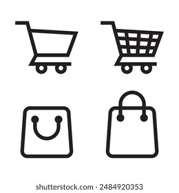 Shopping cart icon. Shopping trolley and shopping bag in outline. Web cart in line. Shop symbol in black. Trolley icon set. Stock vector illustration