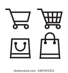 Shopping cart icon. Shopping trolley and shopping bag in outline. Web cart in line. Shop symbol in black. Trolley icon set. Stock vector illustration