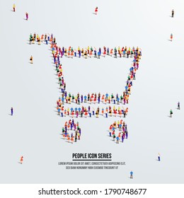 Shopping cart icon or trolley. large group of people form to create shopping cart. vector illustration.