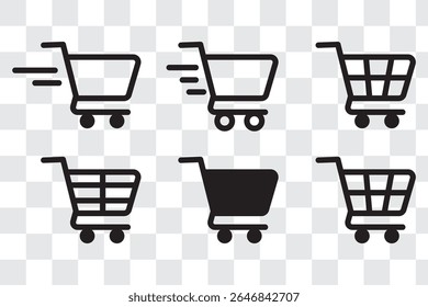 Ícone do carrinho de compras. Símbolo do carrinho. Conjunto de ícones do carrinho. Contornar carrinho de compras. Símbolo de carrinho linear. Ilustração do vetor de estoque