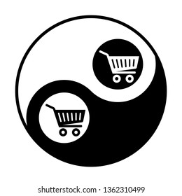 Shopping cart icon. Vector. Black and white icon inside circles of yin and yang symbol at white background.