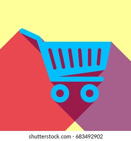 Shopping cart icon. Vector. Deep sky blue icon with two flat violet and raspberry semitransparent shadows on canary background.