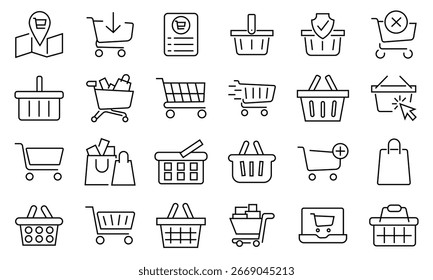 Diseño de Vector de icono de Carrito de compras. Cesta de la compra, colección del icono de la carretilla. Carro de símbolo de tienda de Internet y cesta de la compra. Comercio electrónico y Carrito de compras minorista, Ilustración vectorial de compras.