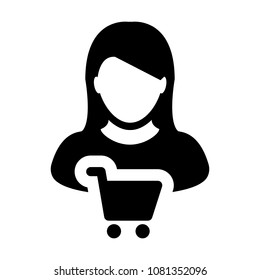 Shopping cart icon vector with female customer person profile avatar symbol for buying goods in Glyph Pictogram 
illustration