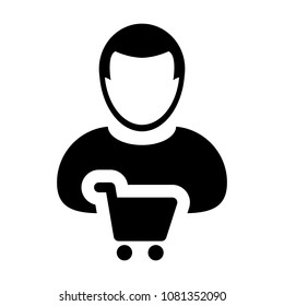 Shopping cart icon vector with male customer person profile avatar symbol for buying goods in Glyph Pictogram 
illustration