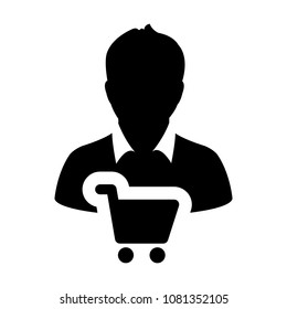 Shopping cart icon vector with male customer person profile avatar symbol for buying goods in Glyph Pictogram 
illustration