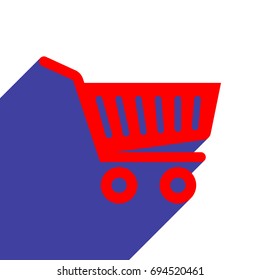 Shopping cart icon. Vector. Red flat style icon with dark blue long shadow on white background.
