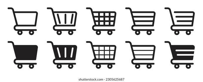 Shopping cart icon vector set. Retail supermarket trolley symbol. Simple grocery basket line icon set. Online purchase or buy cart sign. Add to cart symbol. 