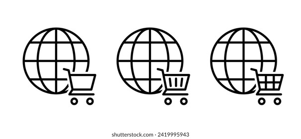 Shopping cart icon vector set. Shopping basket with globe symbol