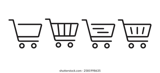 Shopping cart icon vector set. Retail supermarket trolley symbol. Simple grocery basket line icon set. Online purchase or buy cart sign. Add to cart symbol.