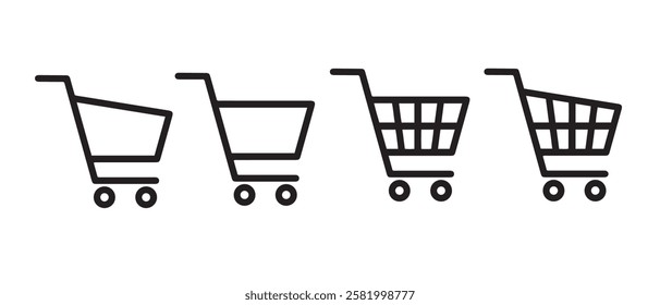 Shopping cart icon vector set. Retail supermarket trolley symbol. Simple grocery basket line icon set. Online purchase or buy cart sign. Add to cart symbol.