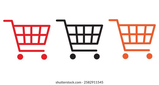 Shopping cart icon vector set. Retail supermarket trolley symbol. Simple grocery basket line icon set. Online purchase or buy cart sign. Add to cart symbol.