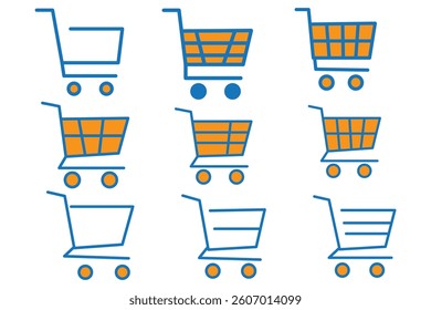 Shopping cart icon vector set. Retail supermarket trolley symbol. Simple grocery basket line icon set. Online purchase or buy cart sign. Add to cart symbol.