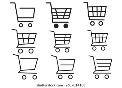 Shopping cart icon vector set. Retail supermarket trolley symbol. Simple grocery basket line icon set. Online purchase or buy cart sign. Add to cart symbol.
