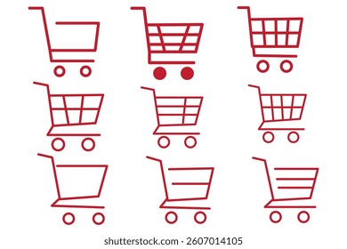 Shopping cart icon vector set. Retail supermarket trolley symbol. Simple grocery basket line icon set. Online purchase or buy cart sign. Add to cart symbol.