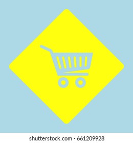 Shopping cart icon. Vector. Yellow romb with hole as icon on lightblue background.