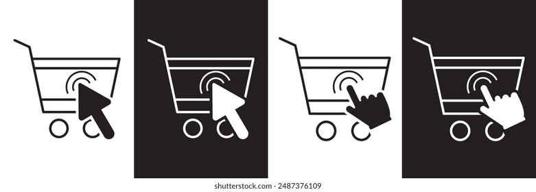 Shopping cart icon. Web store shopping cart icon. Full and empty shopping cart symbol in thin line and flat style, click button symbol for apps and websites.