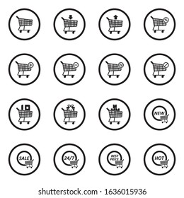 Shopping Cart Icons. Black Flat Design In Circle. Vector Illustration.