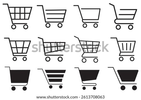 Shopping cart icons collection. Shopping basket vector icons. Empty supermarket shopping cart. Thin black buy and sale symbols.