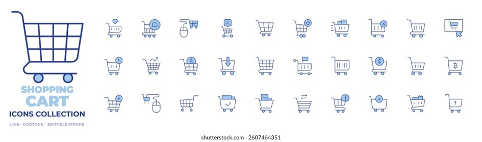 Shopping cart icons collection. Line Duotone style, editable stroke. sale, customer, ecommerce, bitcoin, cart, purchase, online shopping, shopping online