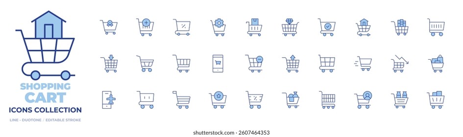 Shopping cart icons collection. Line Duotone style, editable stroke. real estate, favourite, consumer, online shopping, shopping, procurement