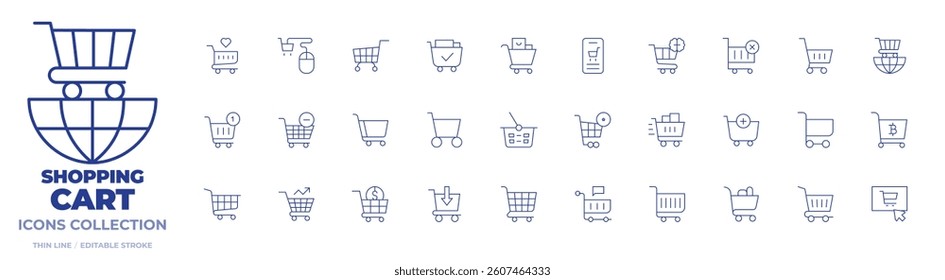 Shopping cart icons collection. Thin Line icons, editable stroke. trading, ecommerce, bitcoin, remove, cart, online shopping, shopping online